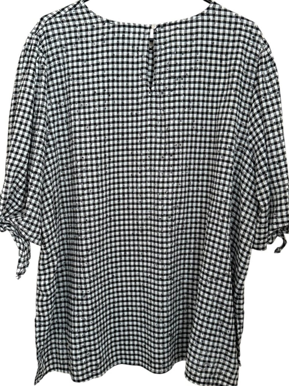 CeCe Tie Sleeve Gingham Top Sz 3X Black Check 3/4 Puff Sleeve Cottagecore Office - Picture 3 of 8